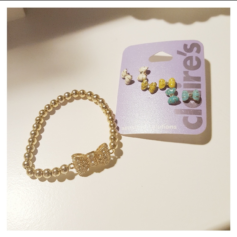 Gold Bow Bracelet and Mini Earrings Set!🎀